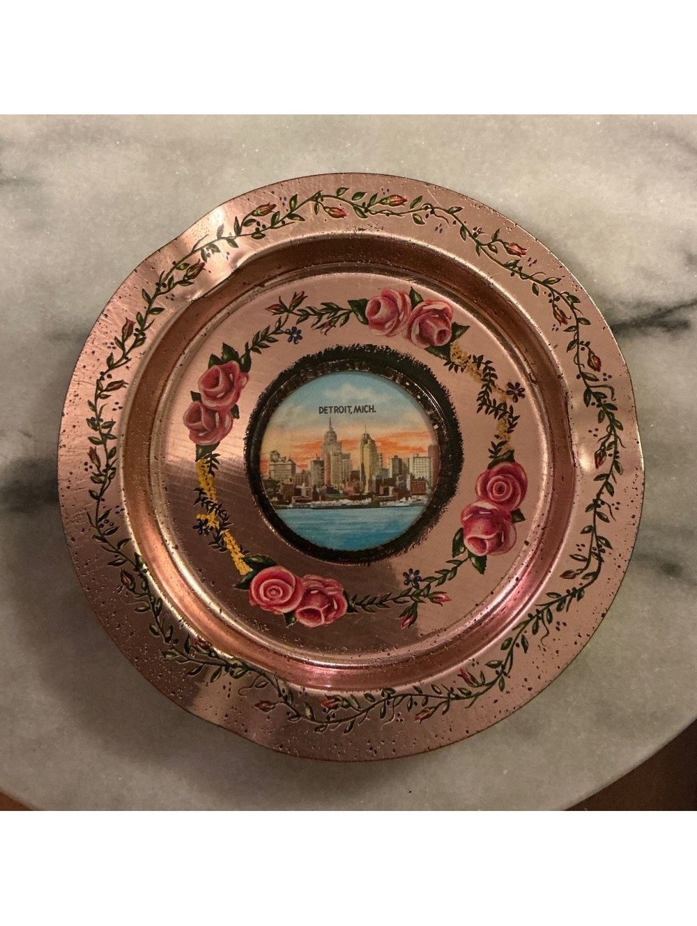 Vintage Rose Gold Metal Souvenir Ashtray Pink Roses Detroit Collectible